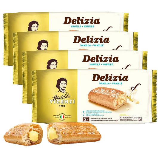 Delizia Pastry Cream , Cream Filled Puff Pastry Patisserie Rolls, All-Natural, Kosher Dairy, Made in Italy - 4.41oz (125g) Box, 4-Pack