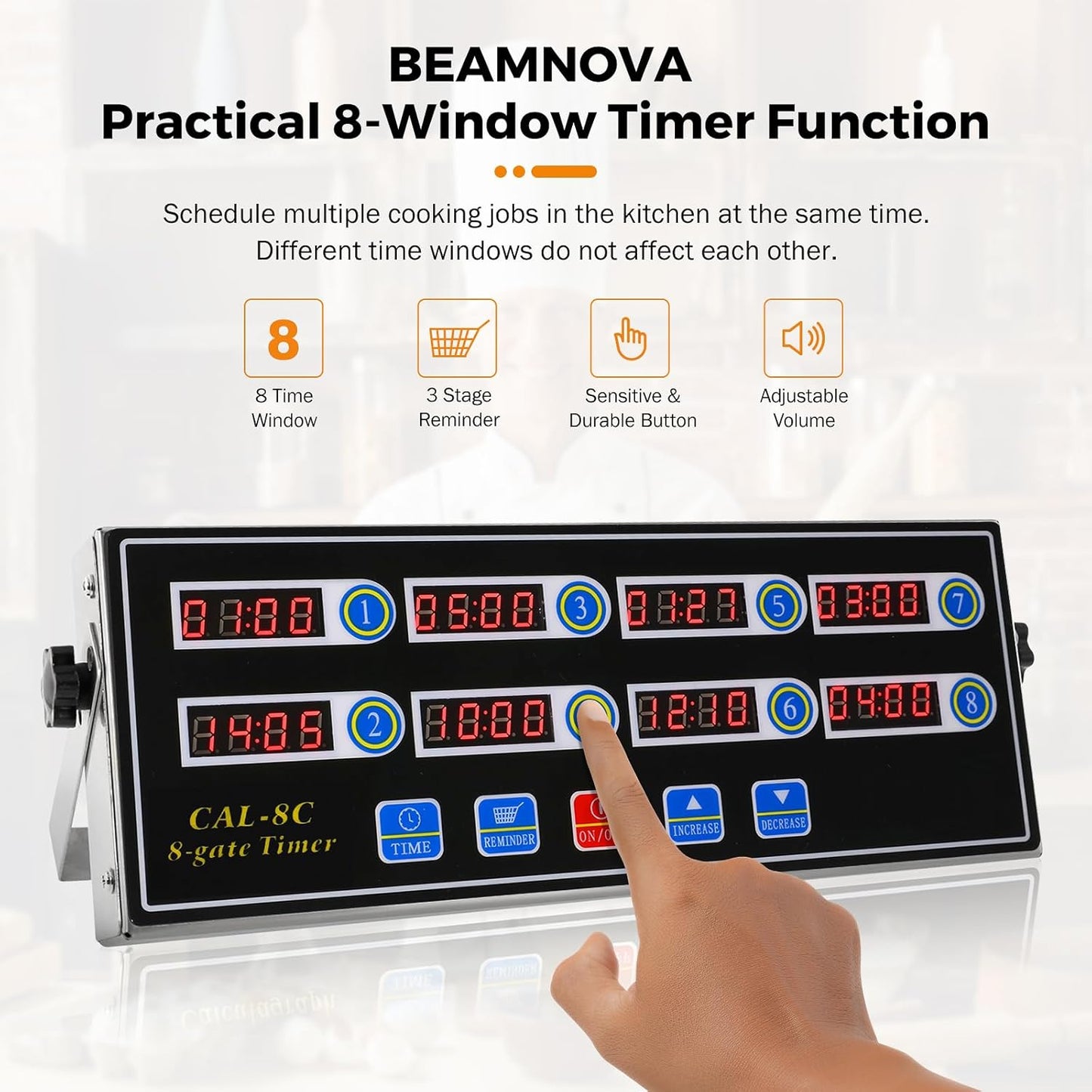 8-Channel Digital Kitchen Timer, Commercial Timer for Restaurant | Countdown Food Timer for Cooking, Fryer Timing Reminder, Adjustable Loud Alarm, Stainless Steel Waterproof Button Control