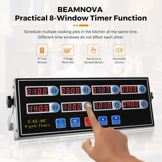 8-Channel Digital Kitchen Timer, Commercial Timer for Restaurant | Countdown Food Timer for Cooking, Fryer Timing Reminder, Adjustable Loud Alarm, Stainless Steel Waterproof Button Control