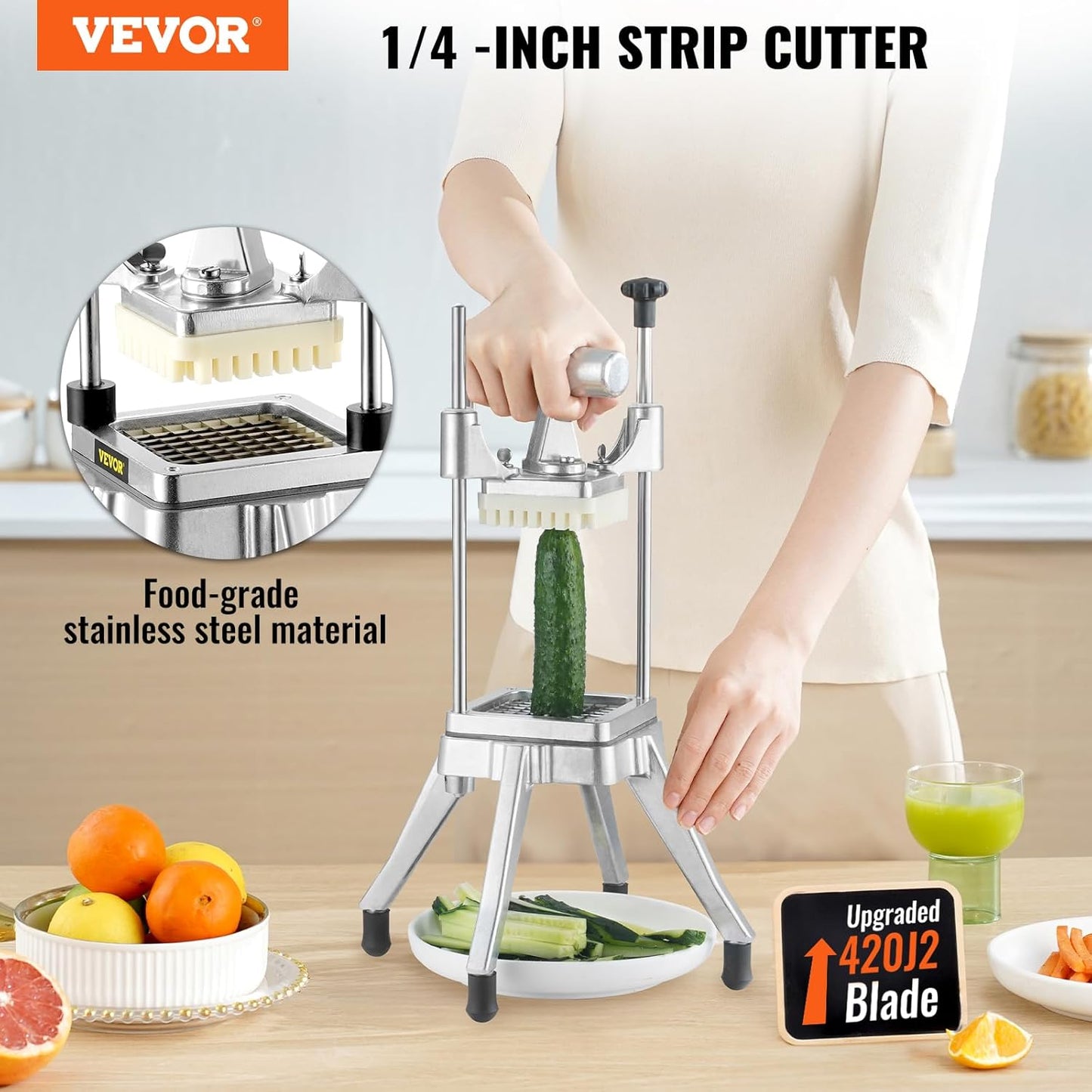 Commercial Vegetable Fruit Chopper 1/4" Blade Heavy Duty Professional Food Dicer Kattex French Fry Cutter Onion Slicer Stainless Steel for Tomato Peppers Potato Mushroom