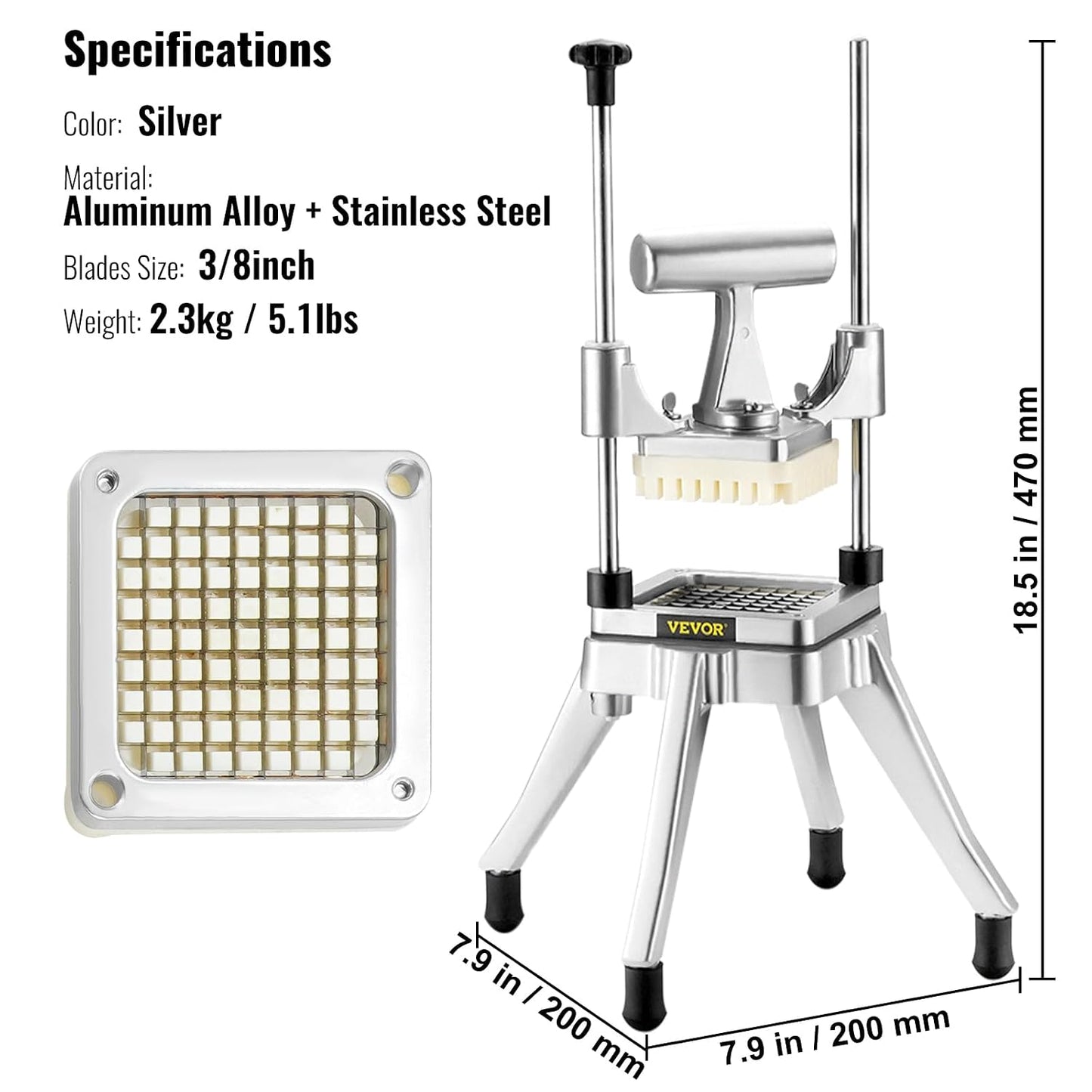 Commercial Vegetable Fruit Chopper 1/4" Blade Heavy Duty Professional Food Dicer Kattex French Fry Cutter Onion Slicer Stainless Steel for Tomato Peppers Potato Mushroom