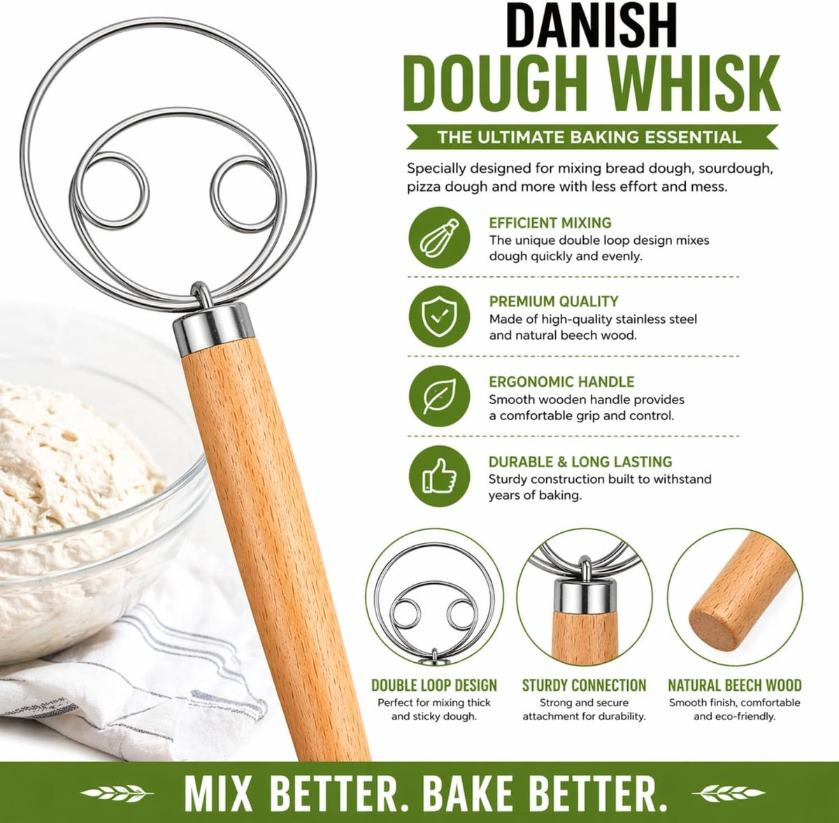 Sourdough Bread Baking Tool Set with Danish Dough Whisk, Bread Lame & Blades, Bench Scraper, Dough Scrapers and Silicone Brush – Sourdough Starter Kit