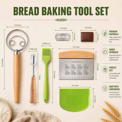 Sourdough Bread Baking Tool Set with Danish Dough Whisk, Bread Lame & Blades, Bench Scraper, Dough Scrapers and Silicone Brush – Sourdough Starter Kit