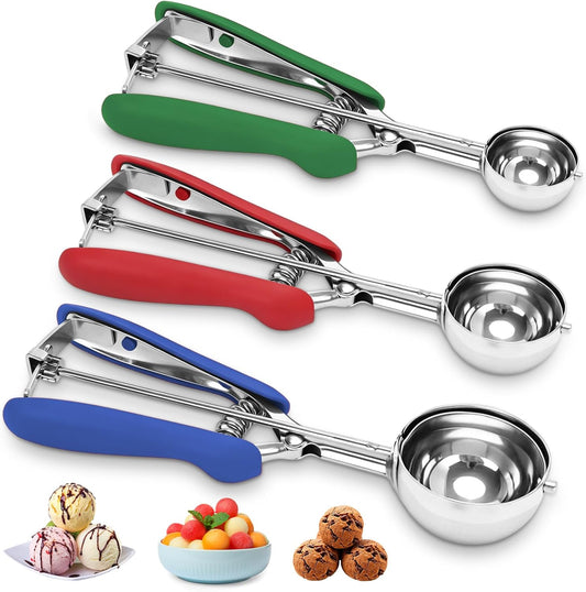 Cookie Scoop,Color-Coded Cookie Dough Scoops Set of 3 for Baking | 3 Different Sizes,18/8 Stainless Steel,Soft Rubber Handles,Engraved Sizes,for Ice Cream Cupcakes Muffins Meatballs