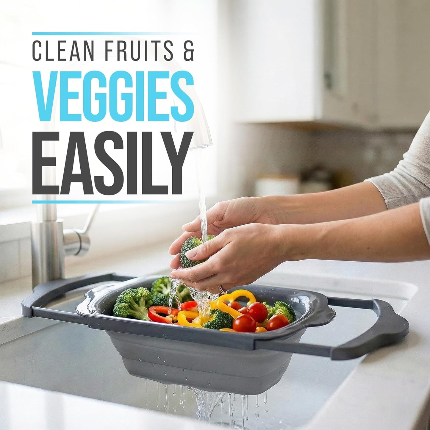 Gray Collapsible Silicone Over-Sink Colander – 6 Qt – Extendable | Gray; silicone; 17.1"L x 10.1"W; collapses to 1.4"H; 6 Qt; handles extend 25" to span sink; heat resistant 176F