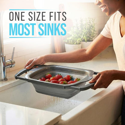 Gray Collapsible Silicone Over-Sink Colander – 6 Qt – Extendable | Gray; silicone; 17.1"L x 10.1"W; collapses to 1.4"H; 6 Qt; handles extend 25" to span sink; heat resistant 176F