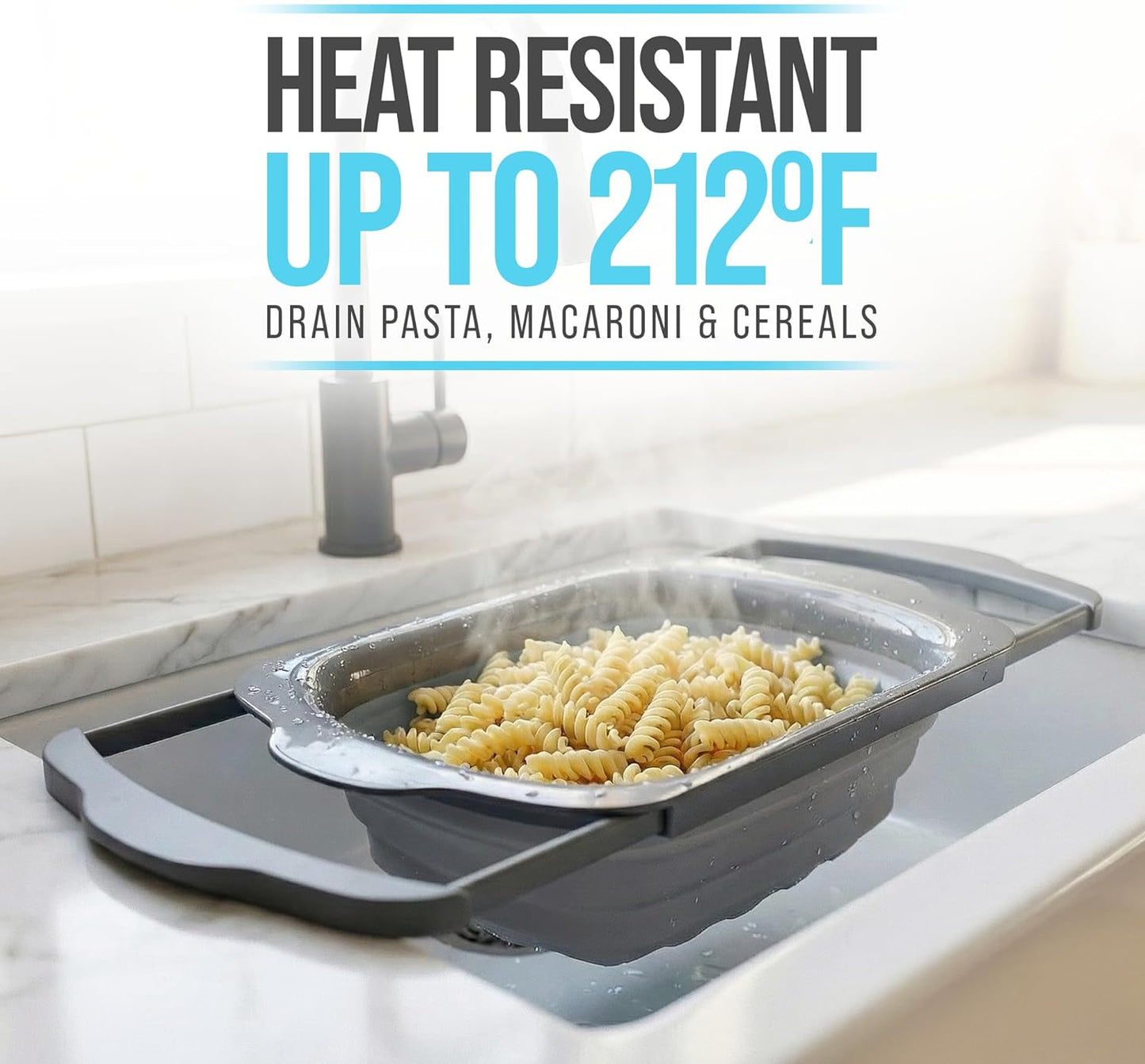 Gray Collapsible Silicone Over-Sink Colander – 6 Qt – Extendable | Gray; silicone; 17.1"L x 10.1"W; collapses to 1.4"H; 6 Qt; handles extend 25" to span sink; heat resistant 176F