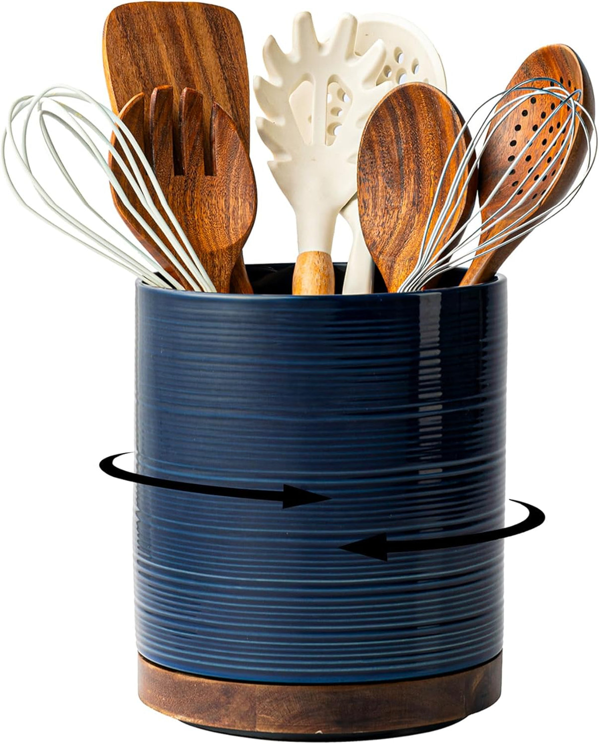 Utensil Holder, 360° Rotating Extra Large Ceramic Kitchen Utensil Holder for Countertop, 7.3“ Cooking Utensil Crocks for Kitchen Counter with Rotatable Wooden Base, Farmhouse Decor, Arctic White
