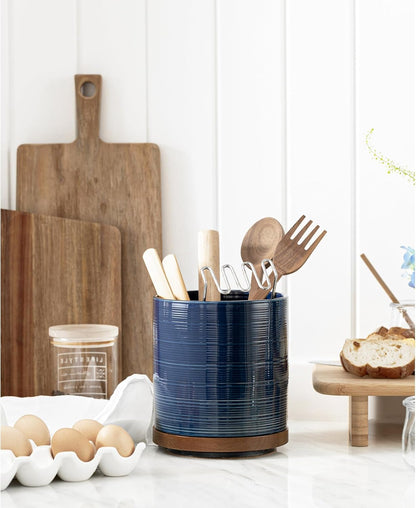 Utensil Holder, 360° Rotating Extra Large Ceramic Kitchen Utensil Holder for Countertop, 7.3“ Cooking Utensil Crocks for Kitchen Counter with Rotatable Wooden Base, Farmhouse Decor, Arctic White