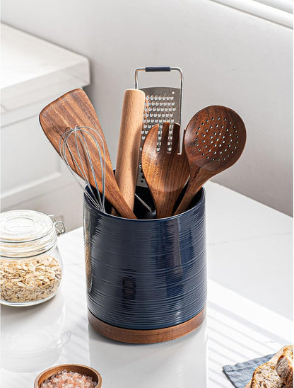 Utensil Holder, 360° Rotating Extra Large Ceramic Kitchen Utensil Holder for Countertop, 7.3“ Cooking Utensil Crocks for Kitchen Counter with Rotatable Wooden Base, Farmhouse Decor, Arctic White