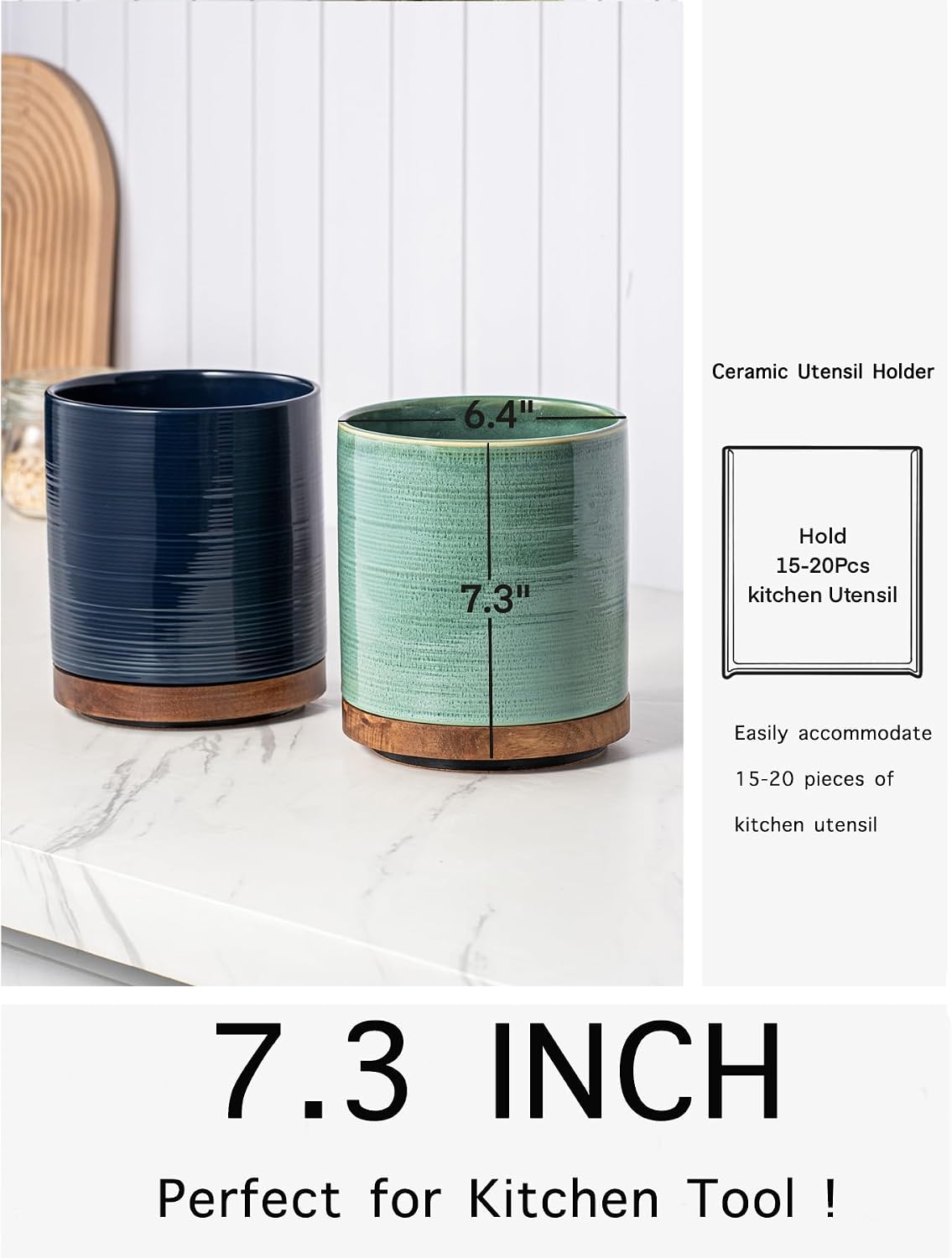 Utensil Holder, 360° Rotating Extra Large Ceramic Kitchen Utensil Holder for Countertop, 7.3“ Cooking Utensil Crocks for Kitchen Counter with Rotatable Wooden Base, Farmhouse Decor, Arctic White