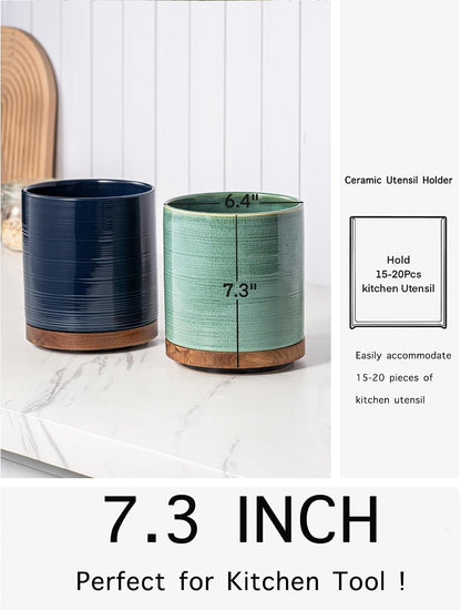 Utensil Holder, 360° Rotating Extra Large Ceramic Kitchen Utensil Holder for Countertop, 7.3“ Cooking Utensil Crocks for Kitchen Counter with Rotatable Wooden Base, Farmhouse Decor, Arctic White