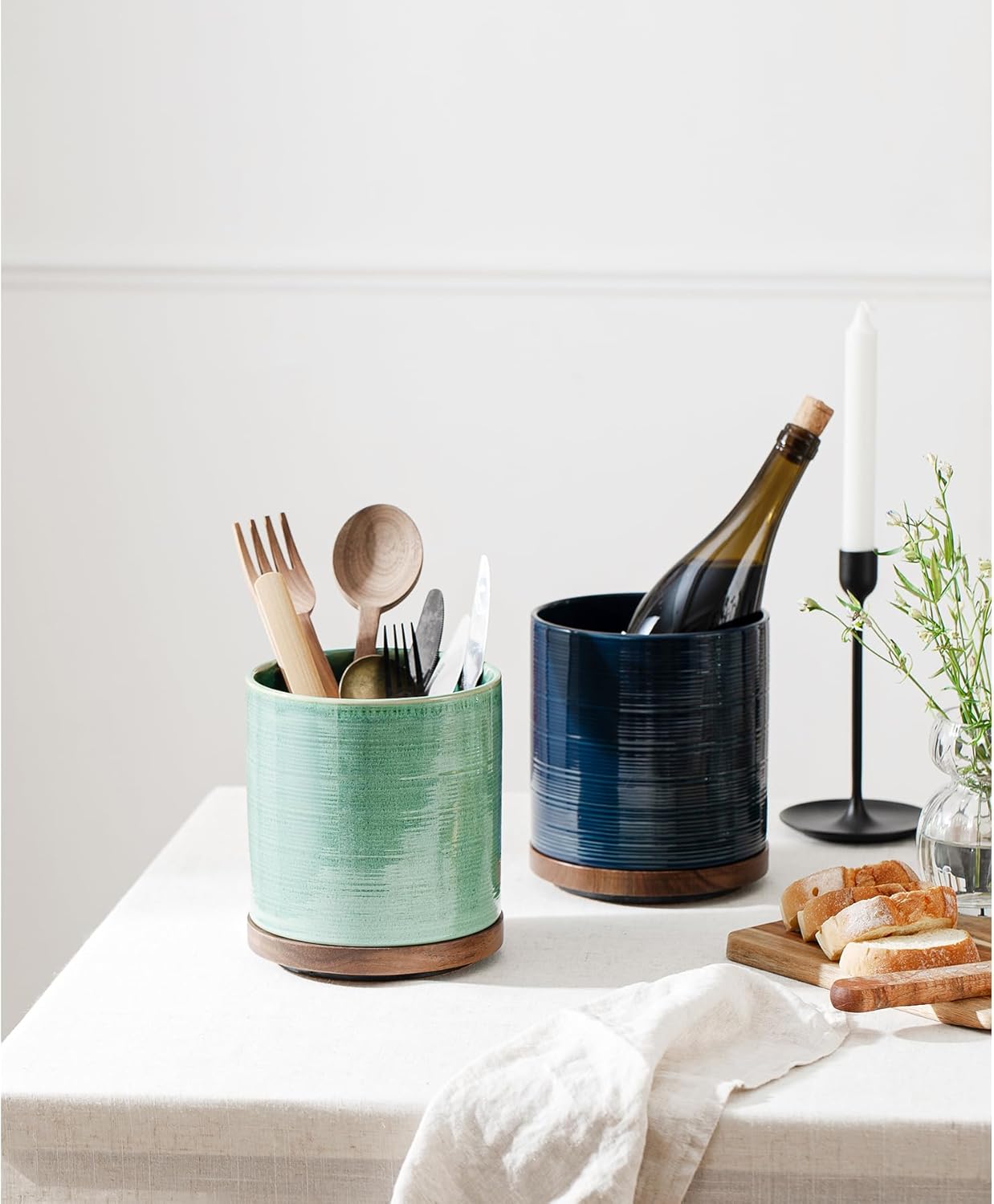 Utensil Holder, 360° Rotating Extra Large Ceramic Kitchen Utensil Holder for Countertop, 7.3“ Cooking Utensil Crocks for Kitchen Counter with Rotatable Wooden Base, Farmhouse Decor, Arctic White
