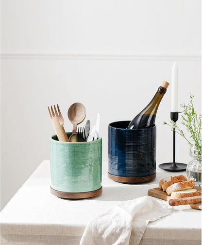 Utensil Holder, 360° Rotating Extra Large Ceramic Kitchen Utensil Holder for Countertop, 7.3“ Cooking Utensil Crocks for Kitchen Counter with Rotatable Wooden Base, Farmhouse Decor, Arctic White