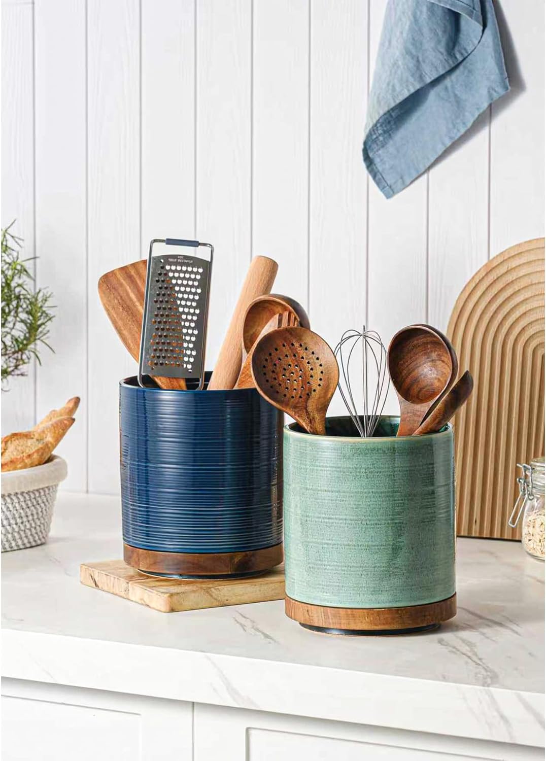 Utensil Holder, 360° Rotating Extra Large Ceramic Kitchen Utensil Holder for Countertop, 7.3“ Cooking Utensil Crocks for Kitchen Counter with Rotatable Wooden Base, Farmhouse Decor, Arctic White