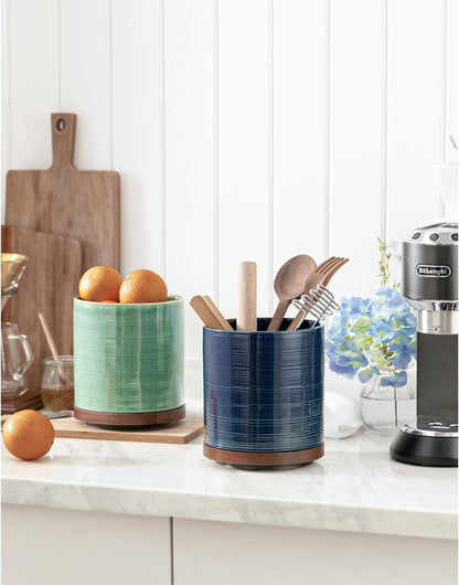 Utensil Holder, 360° Rotating Extra Large Ceramic Kitchen Utensil Holder for Countertop, 7.3“ Cooking Utensil Crocks for Kitchen Counter with Rotatable Wooden Base, Farmhouse Decor, Arctic White