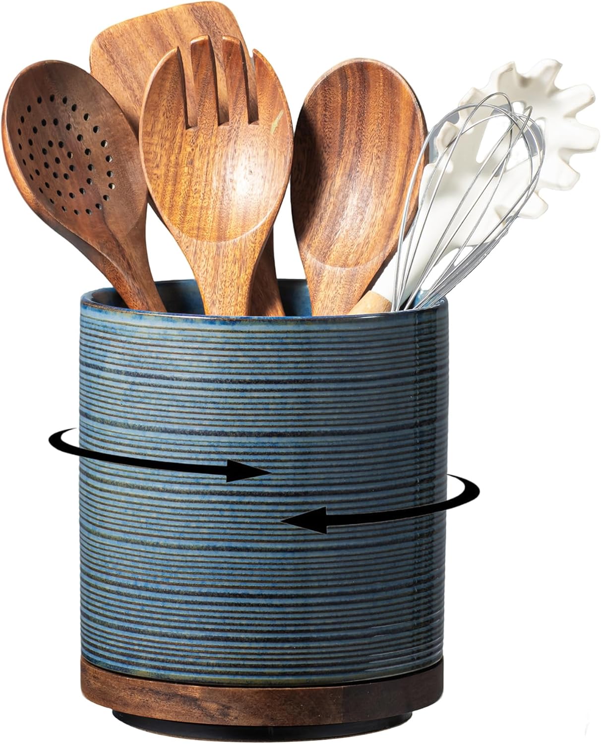Utensil Holder, 360° Rotating Extra Large Ceramic Kitchen Utensil Holder for Countertop, 7.3“ Cooking Utensil Crocks for Kitchen Counter with Rotatable Wooden Base, Farmhouse Decor, Arctic White