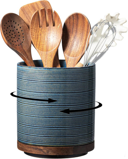 Utensil Holder, 360° Rotating Extra Large Ceramic Kitchen Utensil Holder for Countertop, 7.3“ Cooking Utensil Crocks for Kitchen Counter with Rotatable Wooden Base, Farmhouse Decor, Arctic White