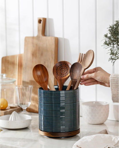 Utensil Holder, 360° Rotating Extra Large Ceramic Kitchen Utensil Holder for Countertop, 7.3“ Cooking Utensil Crocks for Kitchen Counter with Rotatable Wooden Base, Farmhouse Decor, Arctic White