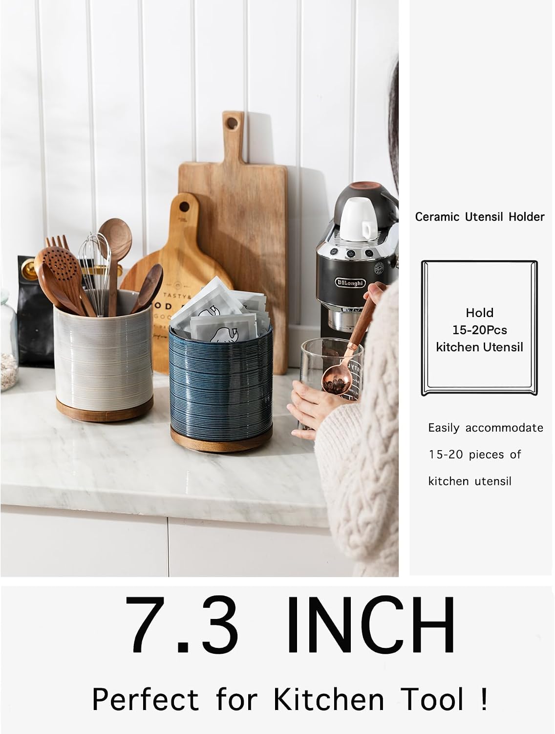 Utensil Holder, 360° Rotating Extra Large Ceramic Kitchen Utensil Holder for Countertop, 7.3“ Cooking Utensil Crocks for Kitchen Counter with Rotatable Wooden Base, Farmhouse Decor, Arctic White