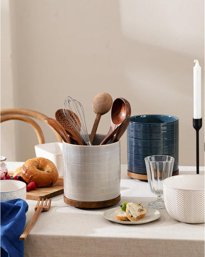 Utensil Holder, 360° Rotating Extra Large Ceramic Kitchen Utensil Holder for Countertop, 7.3“ Cooking Utensil Crocks for Kitchen Counter with Rotatable Wooden Base, Farmhouse Decor, Arctic White