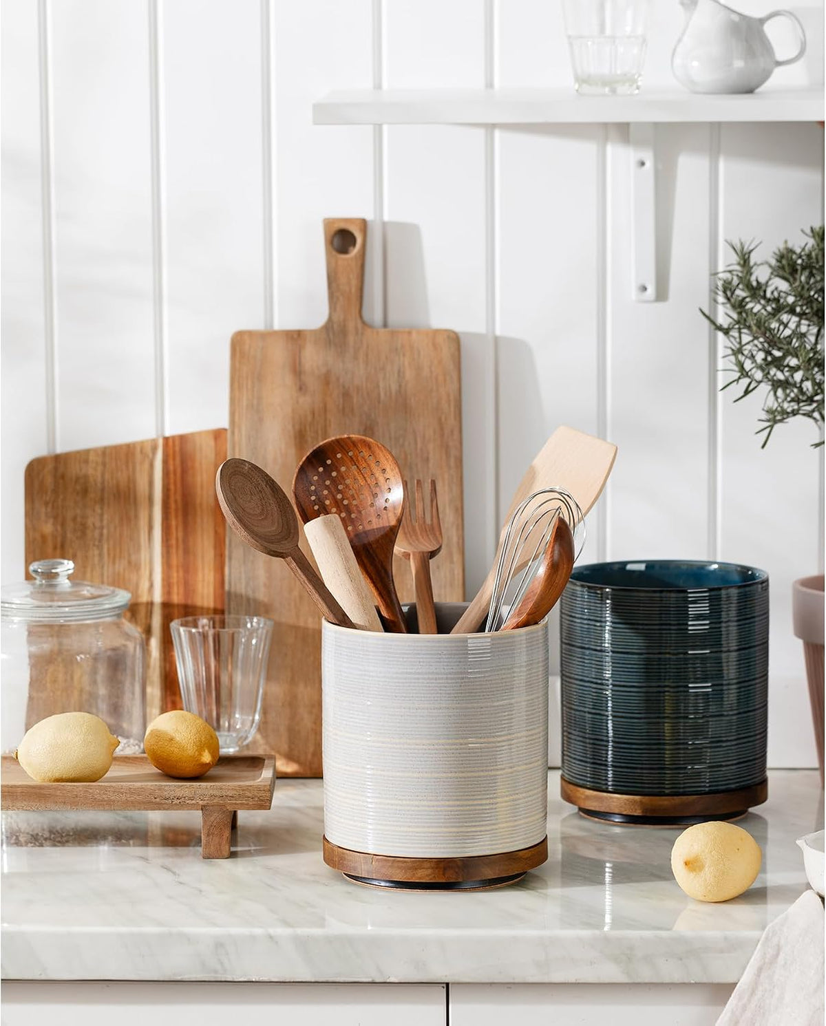 Utensil Holder, 360° Rotating Extra Large Ceramic Kitchen Utensil Holder for Countertop, 7.3“ Cooking Utensil Crocks for Kitchen Counter with Rotatable Wooden Base, Farmhouse Decor, Arctic White