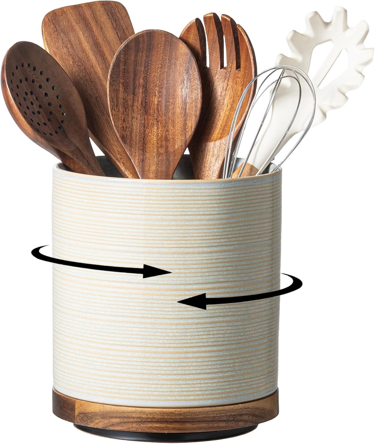 Utensil Holder, 360° Rotating Extra Large Ceramic Kitchen Utensil Holder for Countertop, 7.3“ Cooking Utensil Crocks for Kitchen Counter with Rotatable Wooden Base, Farmhouse Decor, Arctic White