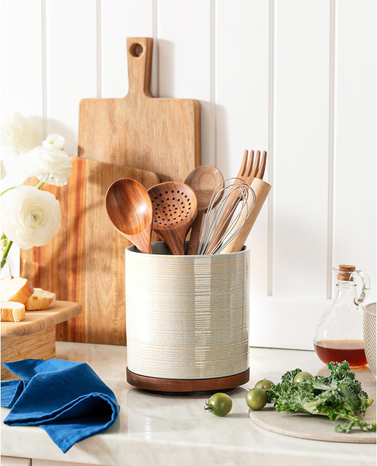 Utensil Holder, 360° Rotating Extra Large Ceramic Kitchen Utensil Holder for Countertop, 7.3“ Cooking Utensil Crocks for Kitchen Counter with Rotatable Wooden Base, Farmhouse Decor, Arctic White