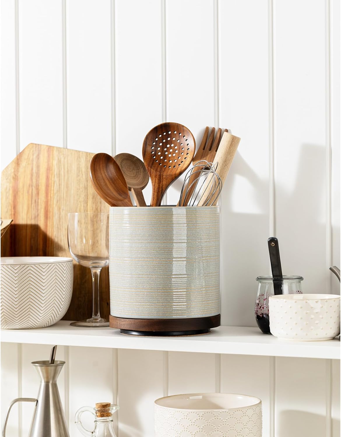 Utensil Holder, 360° Rotating Extra Large Ceramic Kitchen Utensil Holder for Countertop, 7.3“ Cooking Utensil Crocks for Kitchen Counter with Rotatable Wooden Base, Farmhouse Decor, Arctic White