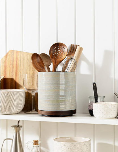 Utensil Holder, 360° Rotating Extra Large Ceramic Kitchen Utensil Holder for Countertop, 7.3“ Cooking Utensil Crocks for Kitchen Counter with Rotatable Wooden Base, Farmhouse Decor, Arctic White