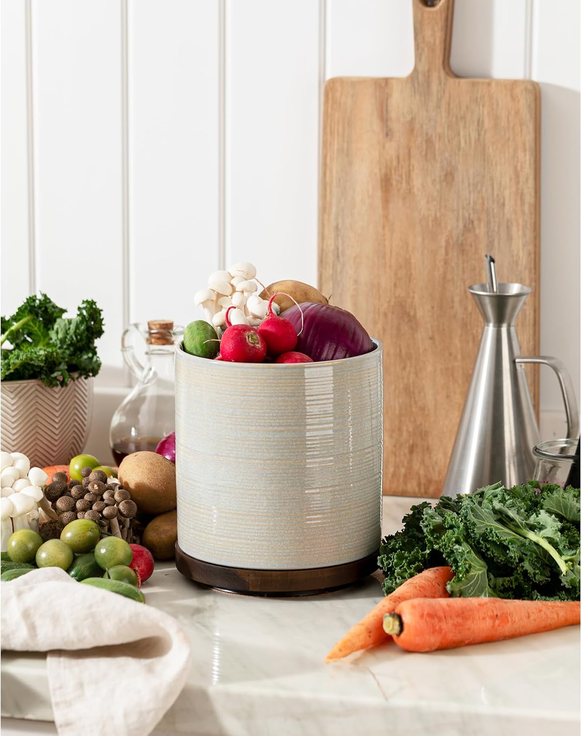 Utensil Holder, 360° Rotating Extra Large Ceramic Kitchen Utensil Holder for Countertop, 7.3“ Cooking Utensil Crocks for Kitchen Counter with Rotatable Wooden Base, Farmhouse Decor, Arctic White