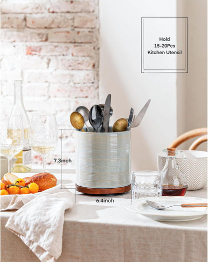 Utensil Holder, 360° Rotating Extra Large Ceramic Kitchen Utensil Holder for Countertop, 7.3“ Cooking Utensil Crocks for Kitchen Counter with Rotatable Wooden Base, Farmhouse Decor, Arctic White