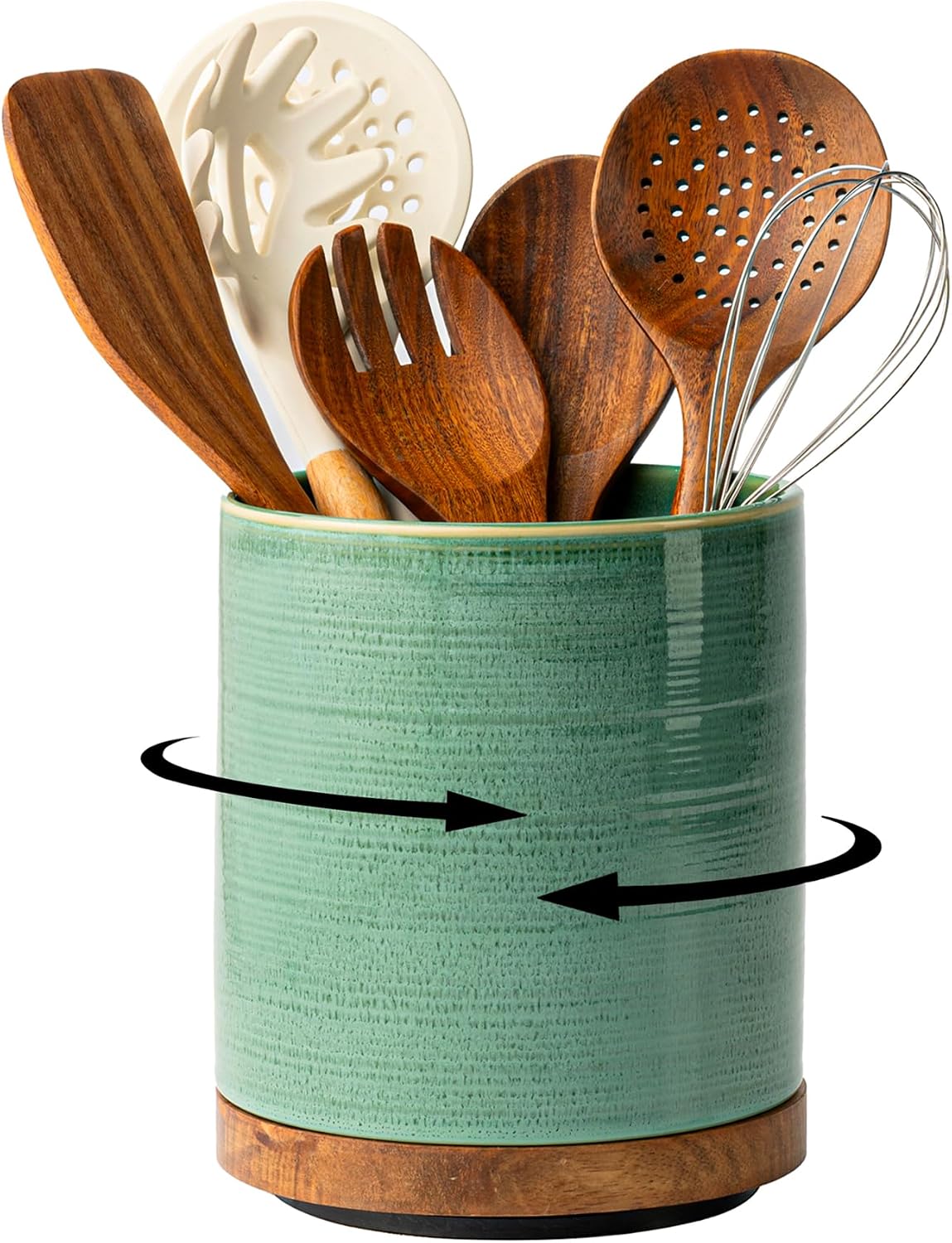 Utensil Holder, 360° Rotating Extra Large Ceramic Kitchen Utensil Holder for Countertop, 7.3“ Cooking Utensil Crocks for Kitchen Counter with Rotatable Wooden Base, Farmhouse Decor, Arctic White