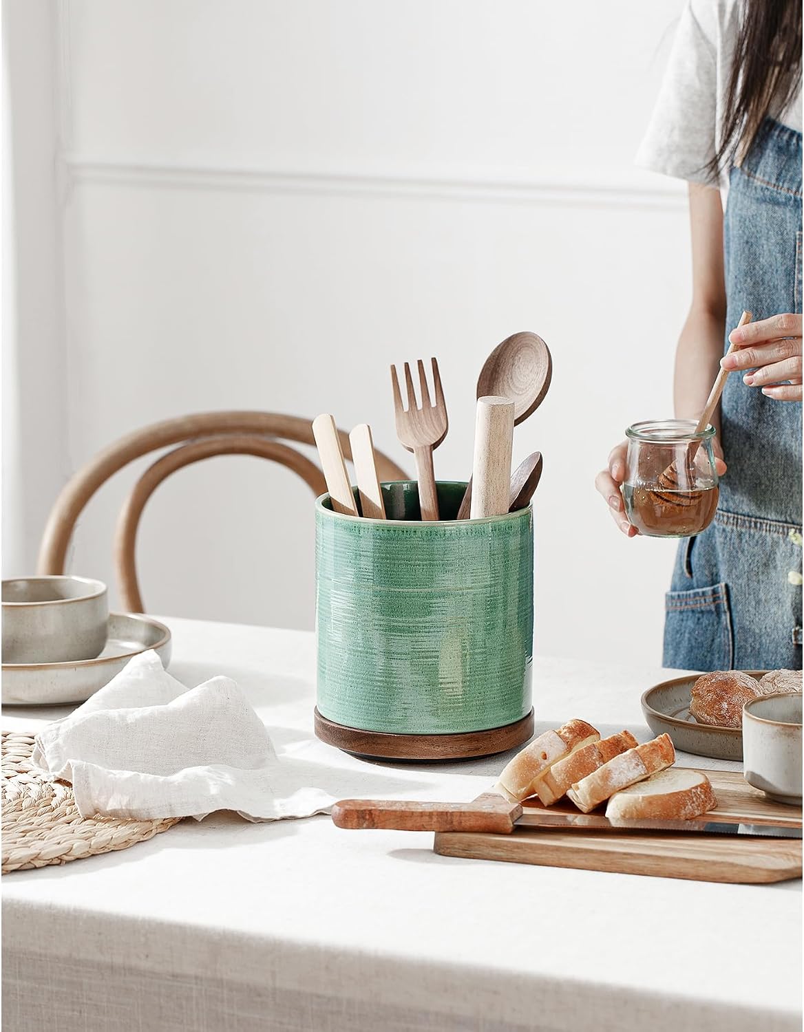Utensil Holder, 360° Rotating Extra Large Ceramic Kitchen Utensil Holder for Countertop, 7.3“ Cooking Utensil Crocks for Kitchen Counter with Rotatable Wooden Base, Farmhouse Decor, Arctic White