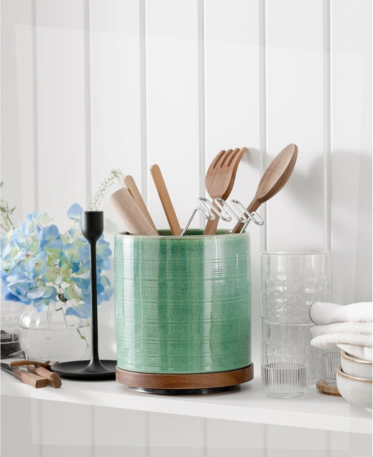 Utensil Holder, 360° Rotating Extra Large Ceramic Kitchen Utensil Holder for Countertop, 7.3“ Cooking Utensil Crocks for Kitchen Counter with Rotatable Wooden Base, Farmhouse Decor, Arctic White