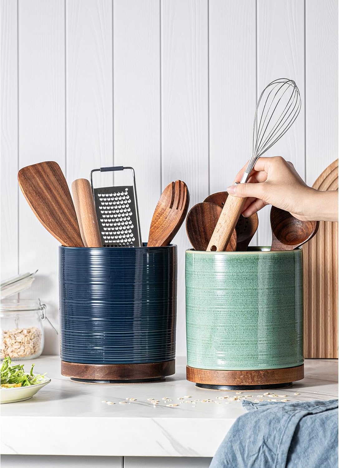 Utensil Holder, 360° Rotating Extra Large Ceramic Kitchen Utensil Holder for Countertop, 7.3“ Cooking Utensil Crocks for Kitchen Counter with Rotatable Wooden Base, Farmhouse Decor, Arctic White