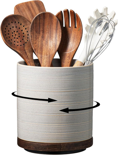 Utensil Holder, 360° Rotating Extra Large Ceramic Kitchen Utensil Holder for Countertop, 7.3“ Cooking Utensil Crocks for Kitchen Counter with Rotatable Wooden Base, Farmhouse Decor, Arctic White