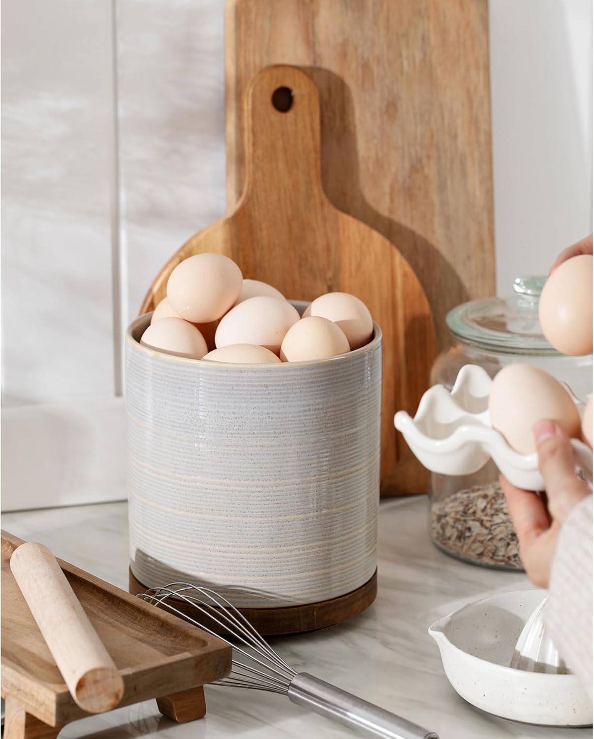 Utensil Holder, 360° Rotating Extra Large Ceramic Kitchen Utensil Holder for Countertop, 7.3“ Cooking Utensil Crocks for Kitchen Counter with Rotatable Wooden Base, Farmhouse Decor, Arctic White