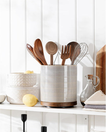 Utensil Holder, 360° Rotating Extra Large Ceramic Kitchen Utensil Holder for Countertop, 7.3“ Cooking Utensil Crocks for Kitchen Counter with Rotatable Wooden Base, Farmhouse Decor, Arctic White