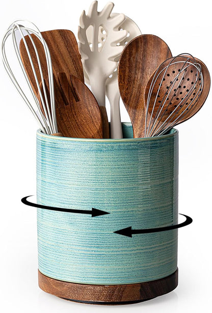Utensil Holder, 360° Rotating Extra Large Ceramic Kitchen Utensil Holder for Countertop, 7.3“ Cooking Utensil Crocks for Kitchen Counter with Rotatable Wooden Base, Farmhouse Decor, Arctic White