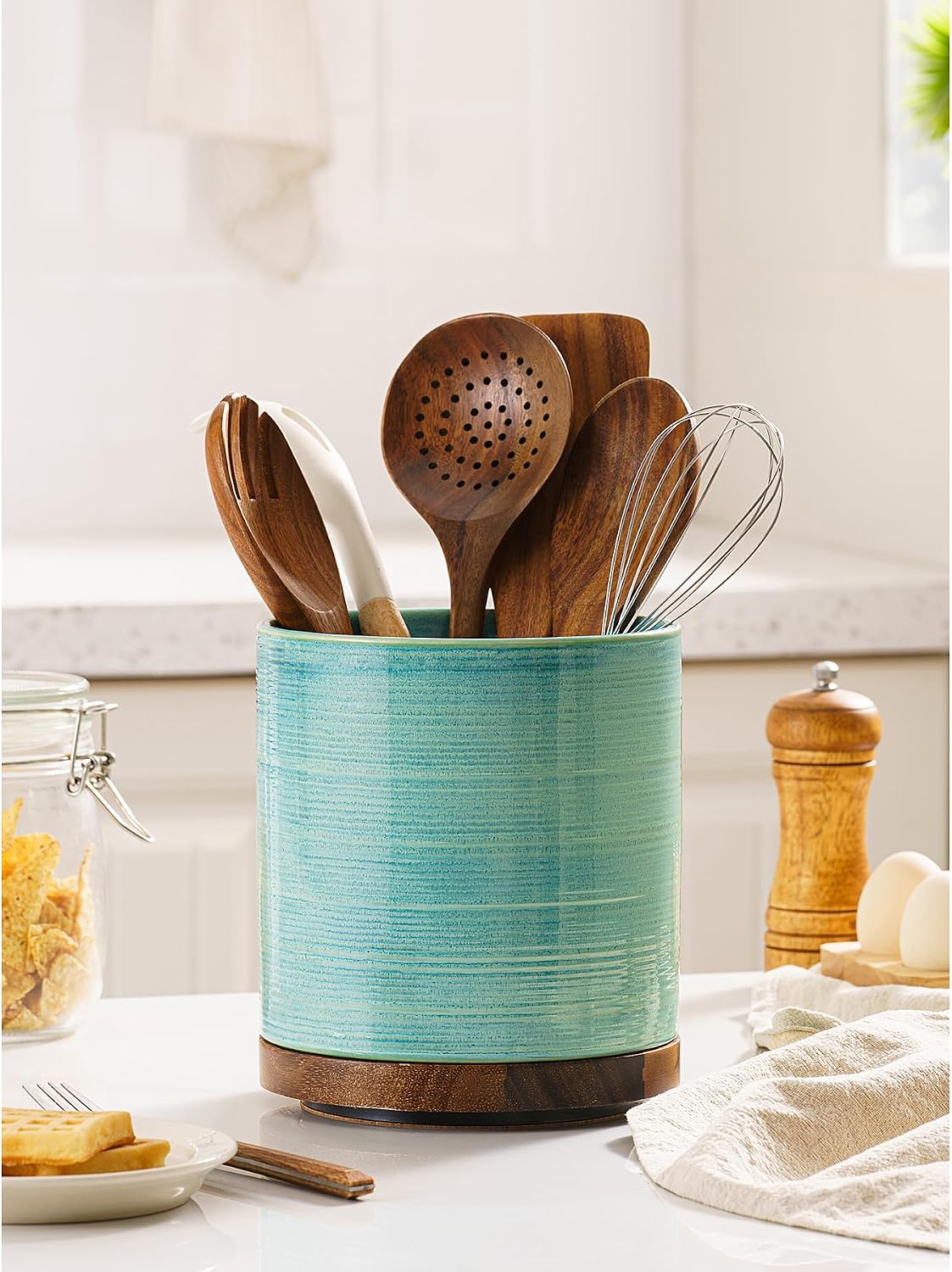 Utensil Holder, 360° Rotating Extra Large Ceramic Kitchen Utensil Holder for Countertop, 7.3“ Cooking Utensil Crocks for Kitchen Counter with Rotatable Wooden Base, Farmhouse Decor, Arctic White