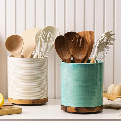 Utensil Holder, 360° Rotating Extra Large Ceramic Kitchen Utensil Holder for Countertop, 7.3“ Cooking Utensil Crocks for Kitchen Counter with Rotatable Wooden Base, Farmhouse Decor, Arctic White