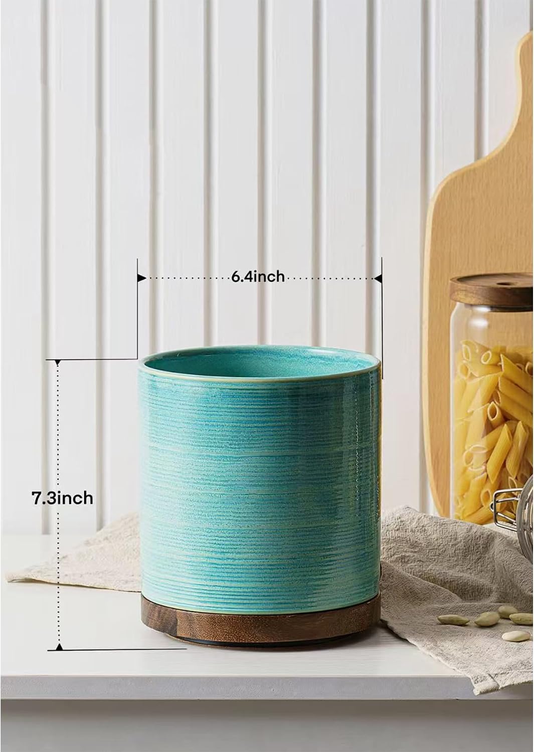 Utensil Holder, 360° Rotating Extra Large Ceramic Kitchen Utensil Holder for Countertop, 7.3“ Cooking Utensil Crocks for Kitchen Counter with Rotatable Wooden Base, Farmhouse Decor, Arctic White