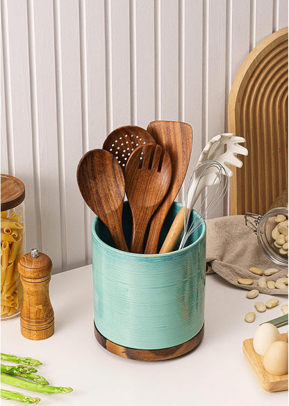 Utensil Holder, 360° Rotating Extra Large Ceramic Kitchen Utensil Holder for Countertop, 7.3“ Cooking Utensil Crocks for Kitchen Counter with Rotatable Wooden Base, Farmhouse Decor, Arctic White