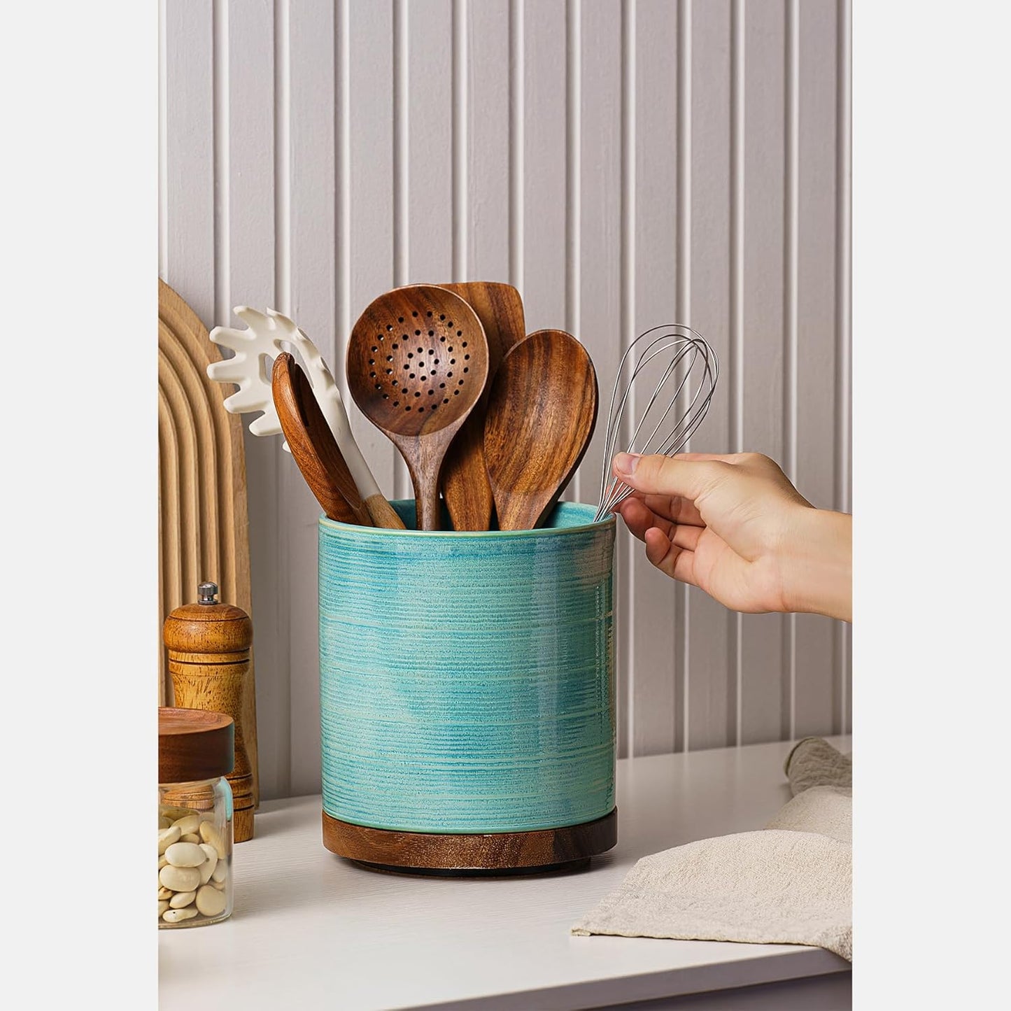 Utensil Holder, 360° Rotating Extra Large Ceramic Kitchen Utensil Holder for Countertop, 7.3“ Cooking Utensil Crocks for Kitchen Counter with Rotatable Wooden Base, Farmhouse Decor, Arctic White