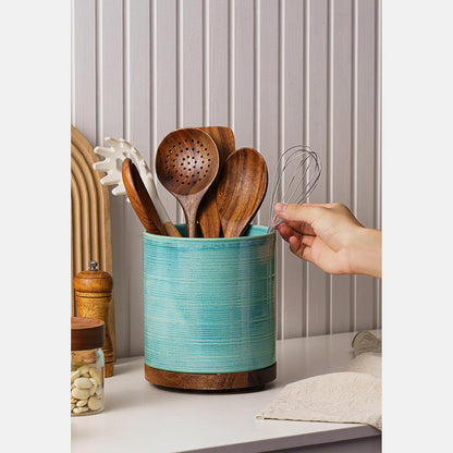 Utensil Holder, 360° Rotating Extra Large Ceramic Kitchen Utensil Holder for Countertop, 7.3“ Cooking Utensil Crocks for Kitchen Counter with Rotatable Wooden Base, Farmhouse Decor, Arctic White