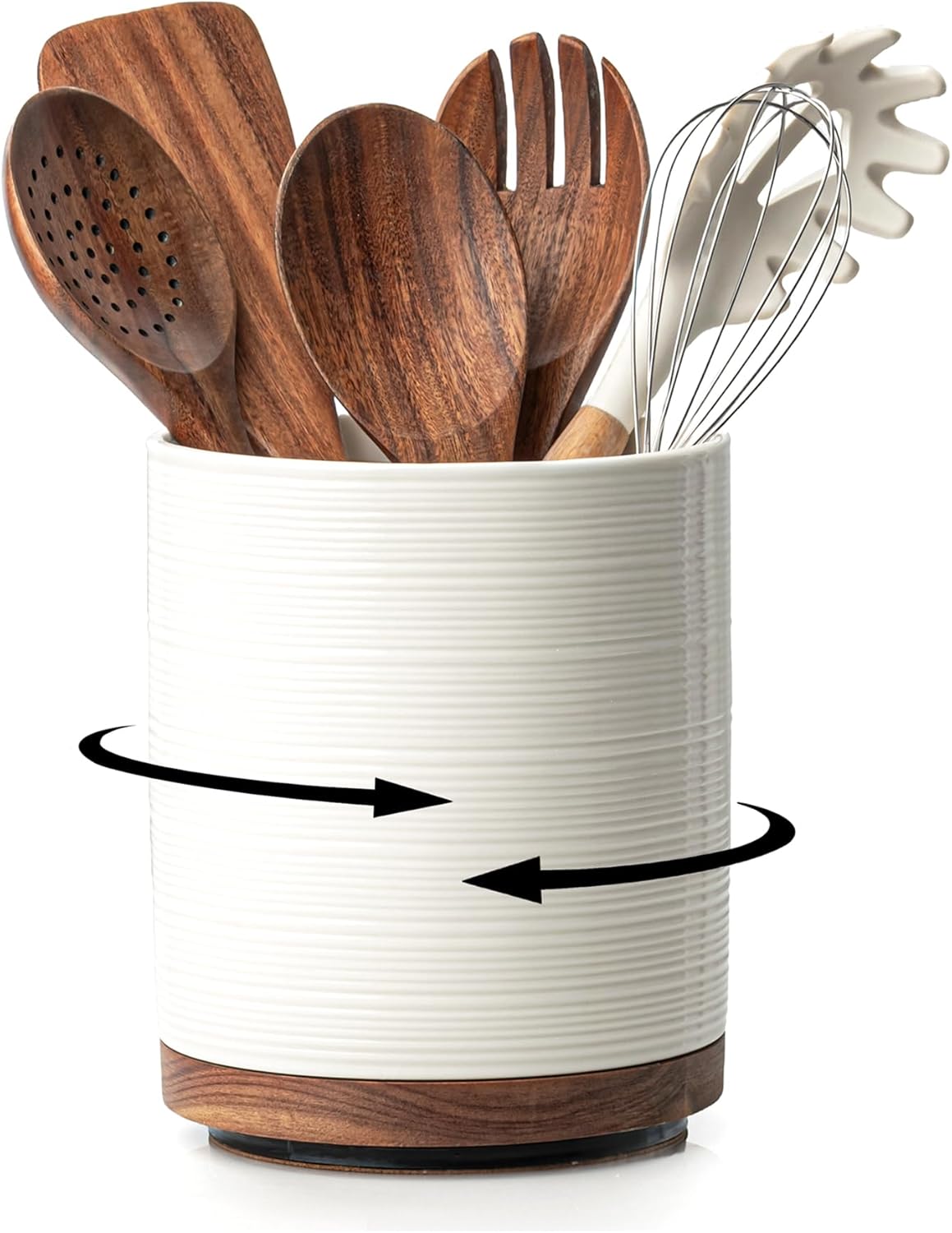 Utensil Holder, 360° Rotating Extra Large Ceramic Kitchen Utensil Holder for Countertop, 7.3“ Cooking Utensil Crocks for Kitchen Counter with Rotatable Wooden Base, Farmhouse Decor, Arctic White