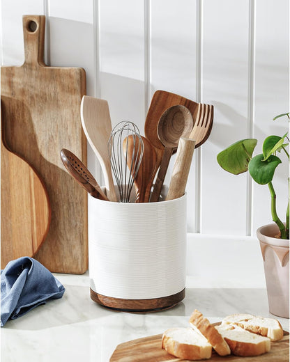 Utensil Holder, 360° Rotating Extra Large Ceramic Kitchen Utensil Holder for Countertop, 7.3“ Cooking Utensil Crocks for Kitchen Counter with Rotatable Wooden Base, Farmhouse Decor, Arctic White
