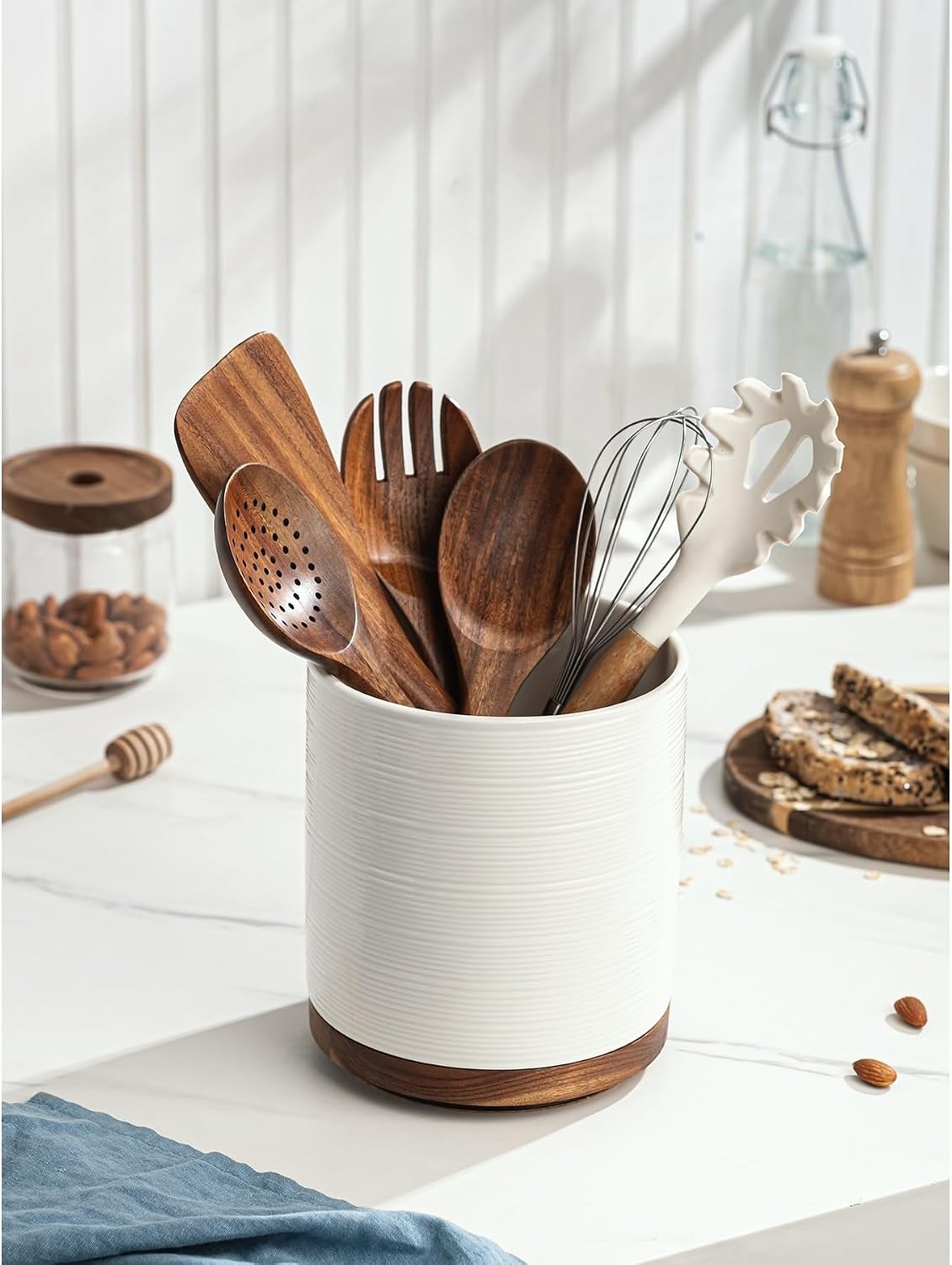 Utensil Holder, 360° Rotating Extra Large Ceramic Kitchen Utensil Holder for Countertop, 7.3“ Cooking Utensil Crocks for Kitchen Counter with Rotatable Wooden Base, Farmhouse Decor, Arctic White