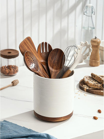 Utensil Holder, 360° Rotating Extra Large Ceramic Kitchen Utensil Holder for Countertop, 7.3“ Cooking Utensil Crocks for Kitchen Counter with Rotatable Wooden Base, Farmhouse Decor, Arctic White